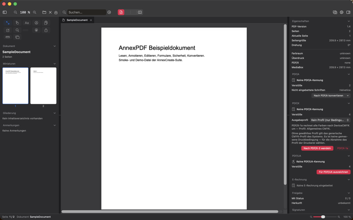 AnnexPDF im Betrieb, dunkle Oberfläche