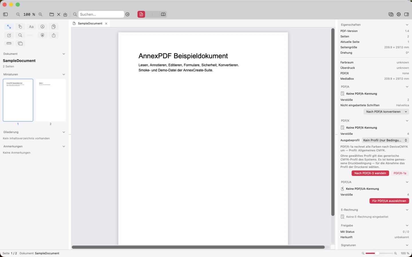 AnnexPDF im Betrieb, helle Oberfläche